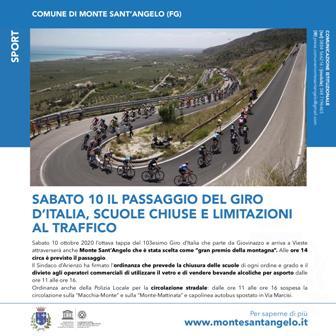 Monte Sant’Angelo è “gran premio della montagna” della tappa “Giovinazzo-Vieste” del Giro d’Italia: sabato 10 ottobre scuole chiuse e limitazioni al traffico 
