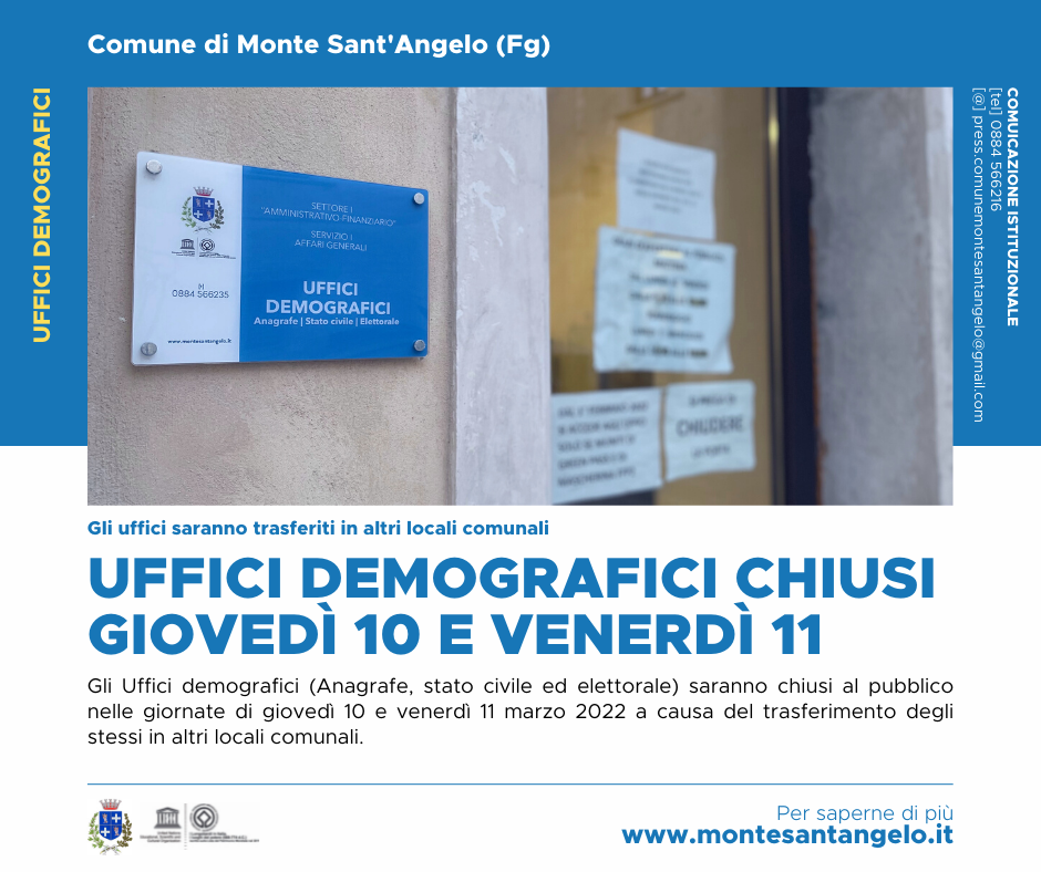 Uffici demografici chiusi giovedì 10 e venerdì 11 marzo