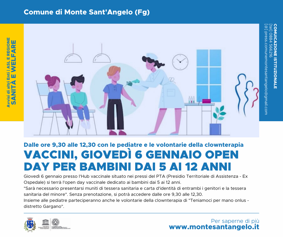 Vaccini, giovedì 6 gennaio open day per bambini dai 5 ai 12 anni