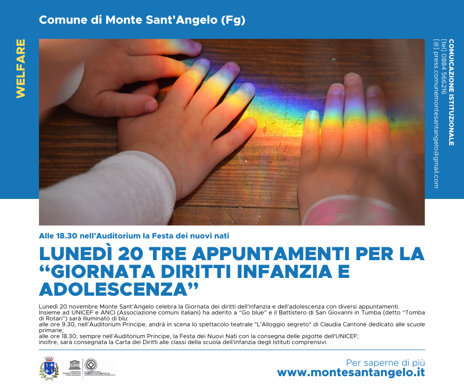 LUNEDÌ 20 NOVEMBRE TRE APPUNTAMENTI PER LA “GIORNATA DIRITTI DELL’INFANZIA E DELL’ADOLESCENZA”