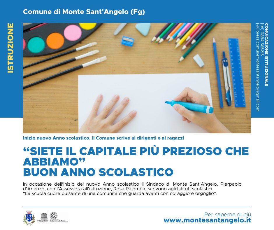 INIZIO NUOVO ANNO SCOLASTICO, IL COMUNE SCRIVE AI DIRIGENTI E AI RAGAZZI: "SIETE IL CAPITALE PIÙ PREZIOSO CHE ABBIAMO"