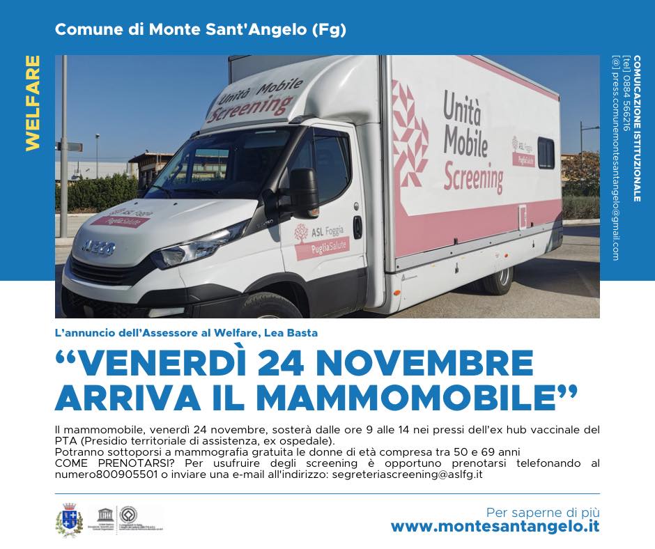 L’ANNUNCIO DELL’ASSESSORE AL WELFARE: VENERDÌ 24 NOVEMBRE ARRIVA IL MAMMOMOBILE DELL’ASL FOGGIA PER LO SCREENING MAMMOGRAFICO”