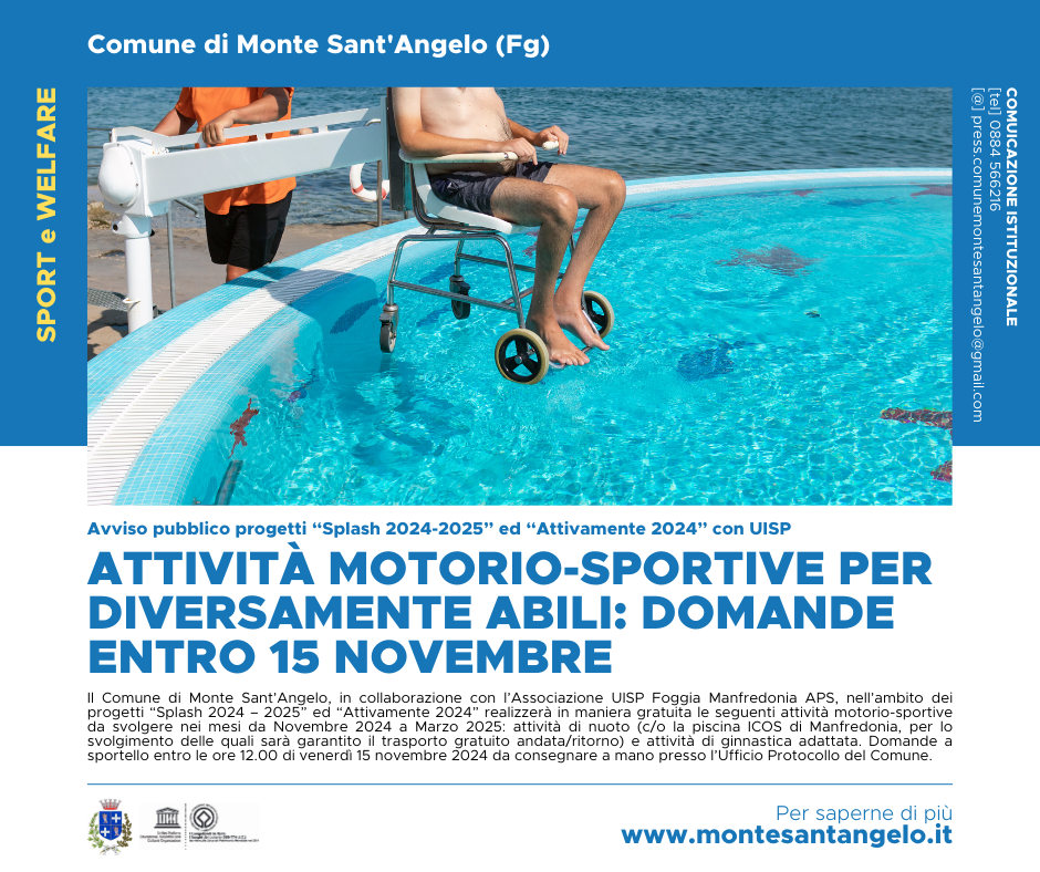 ATTIVITÀ MOTORIO-SPORTIVE PER DIVERSAMENTE ABILI, DOMANDE ENTRO 15 NOVEMBRE