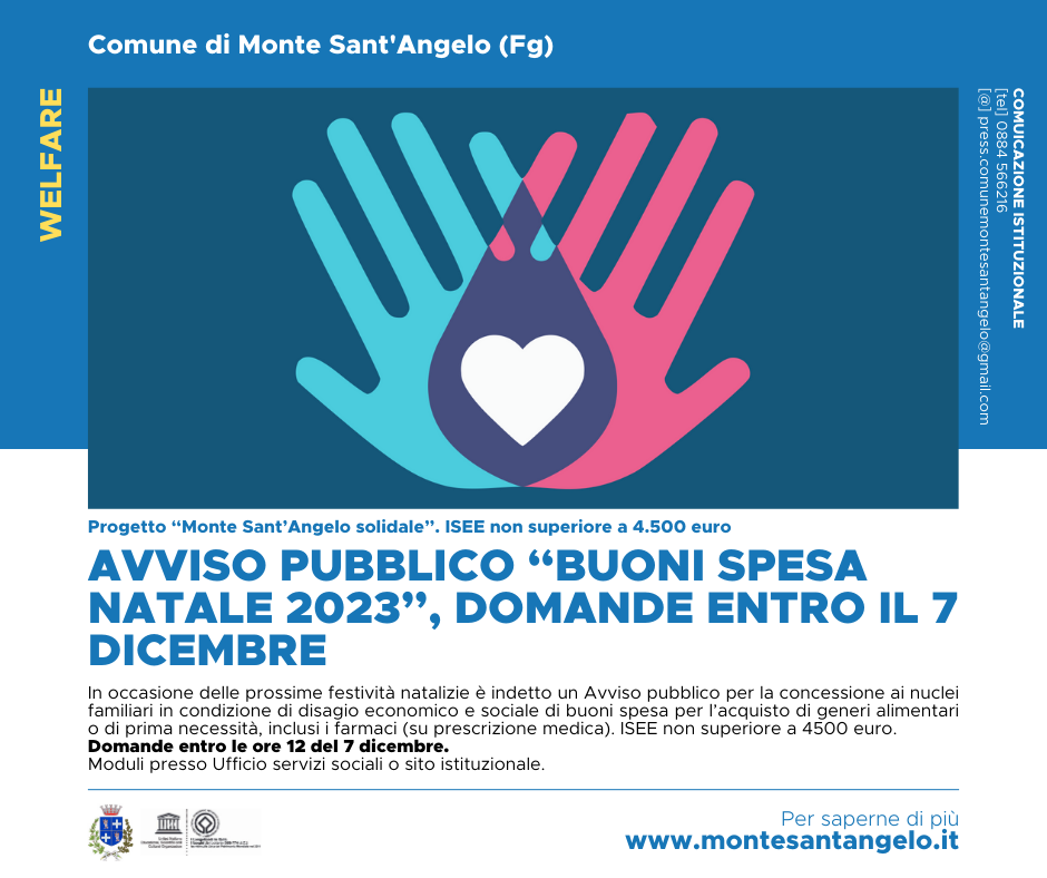 MONTE SANT’ANGELO SOLIDALE”: AVVISO PUBBLICO “BUONI SPESA NATALE 2023”, DOMANDE ENTRO IL 7 DICEMBRE