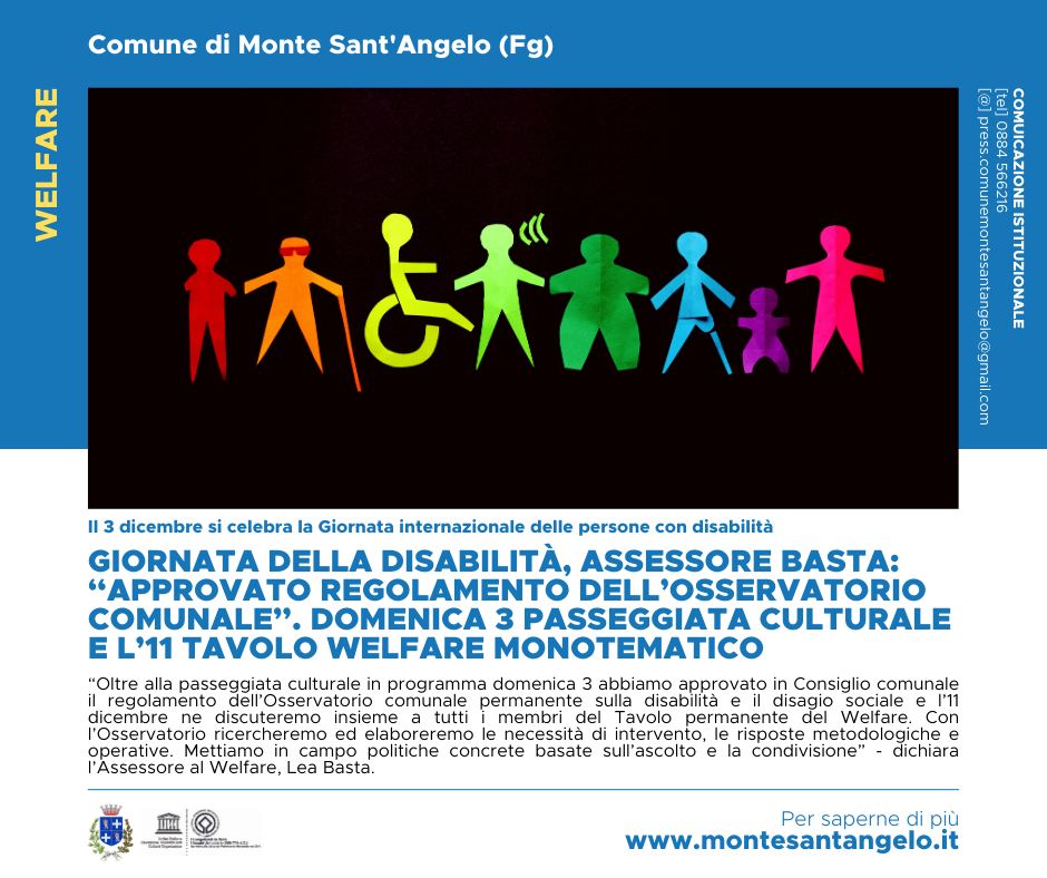 3 DICEMBRE GIORNATA DELLA DISABILITÀ, ASSESSORE BASTA: “APPROVATO REGOLAMENTO DELL’OSSERVATORIO COMUNALE”