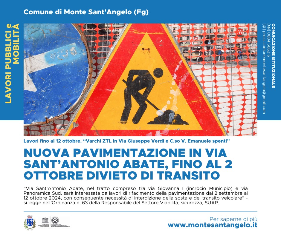 NUOVA PAVIMENTAZIONE IN VIA SANT’ANTONIO ABATE, FINO AL 2 OTTOBRE DIVIETO DI TRANSITO