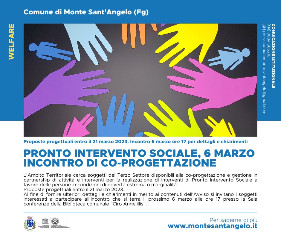 Pronto intervento sociale, 6 marzo incontro di co-progettazione