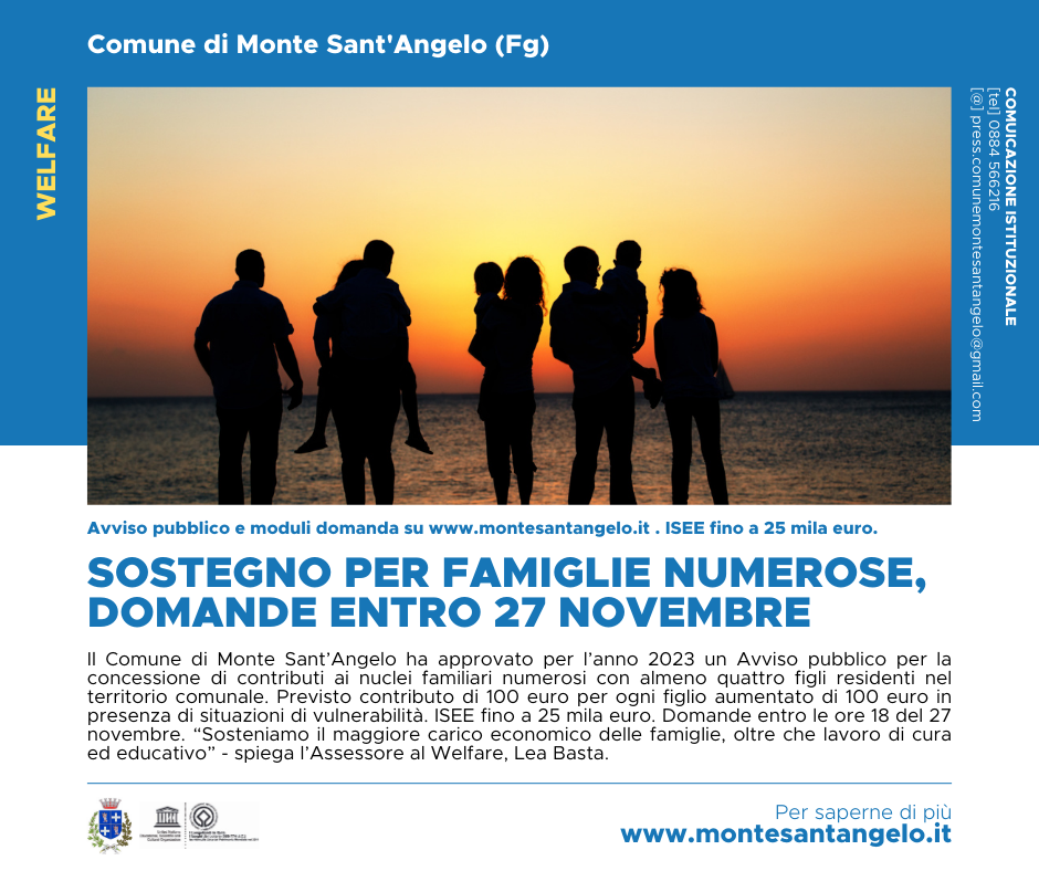 SOSTEGNO PER FAMIGLIE NUMEROSE, DOMANDE ENTRO 27 NOVEMBRE