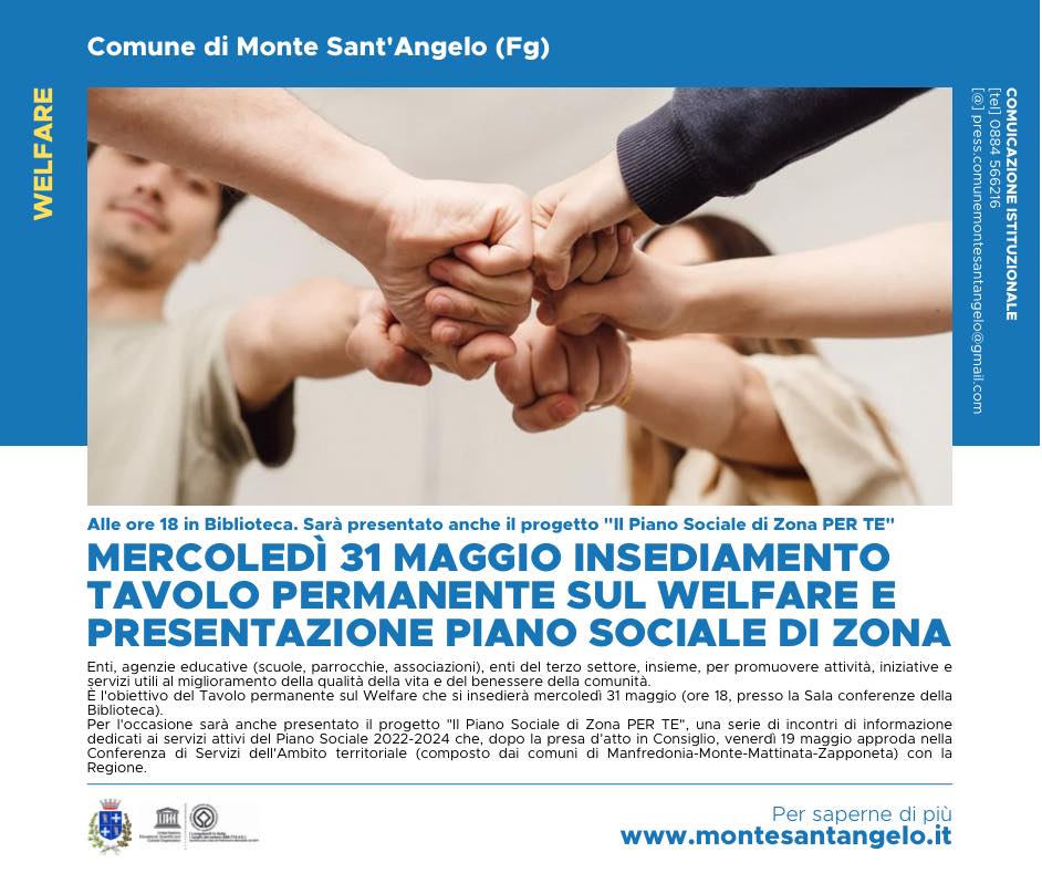 Mercoledì 31 maggio insediamento tavolo permanente sul welfare e presentazione piano sociale di zona