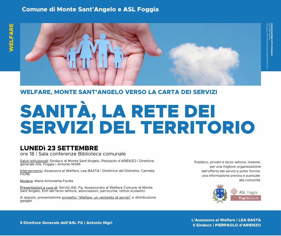 WELFARE, MONTE SANT’ANGELO VERSO LA CARTA DEI SERVIZI. LUNEDÌ 23 SETTEMBRE INCONTRO “SANITÀ, LA RETE DEI SERVIZI DEL TERRITORIO”