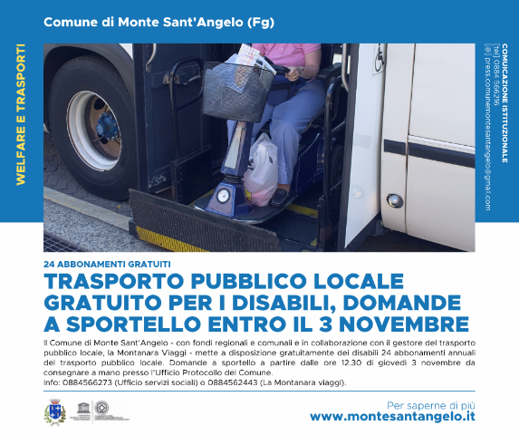 Trasporto pubblico locale gratuito per i disabili, domande a sportello entro il 3 novembre
