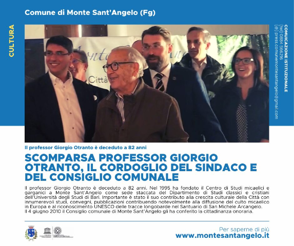 SCOMPARSA PROFESSOR GIORGIO OTRANTO, IL CORDOGLIO DEL SINDACO E DEL CONSIGLIO COMUNALE