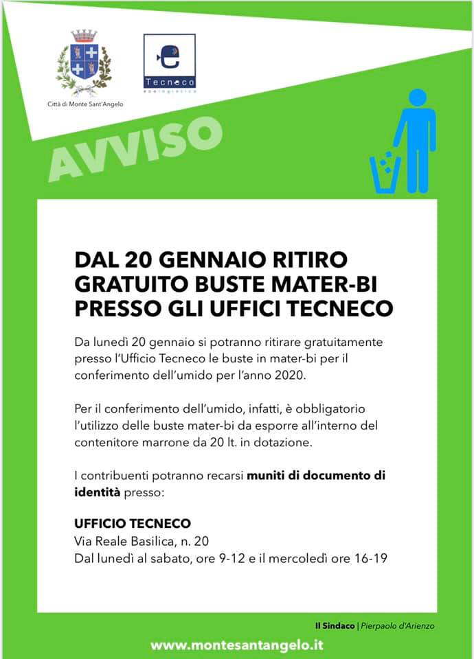 Rifiuti, da oggi ritiro gratuito buste mater-bi presso gli uffici TECNECO