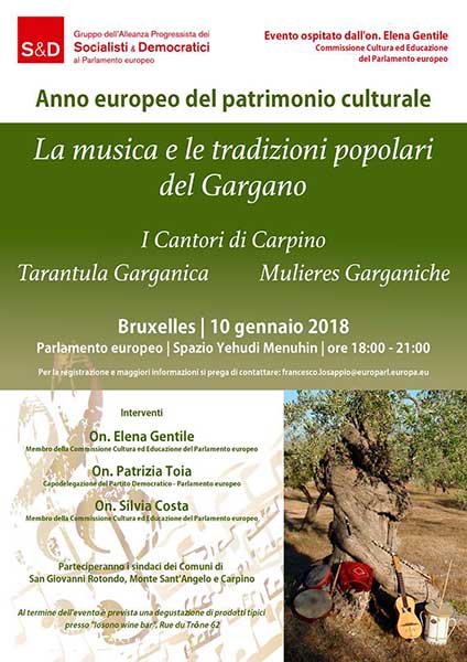 Il sindaco d’Arienzo e l’assessore Palomba a Bruxelles per l’evento “La musica e le tradizioni popolari del Gargano”