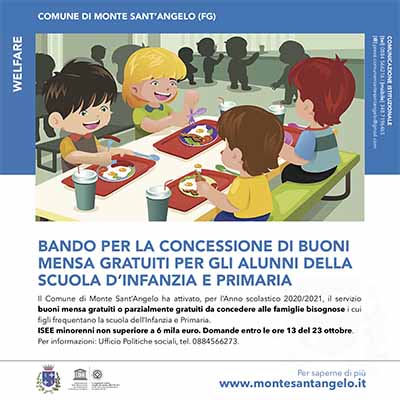 Welfare, bando per la concessione di buoni mensa gratuiti per gli alunni della scuola dell’infanzia e primaria 