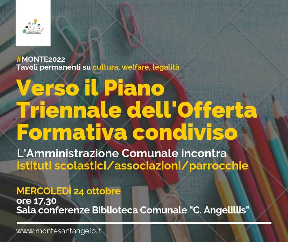 “Verso il Piano Triennale dell’Offerta Formativa condiviso”: mercoledì 24 ottobre l’Amministrazione incontra istituti scolastici, associazioni, parrocchie   