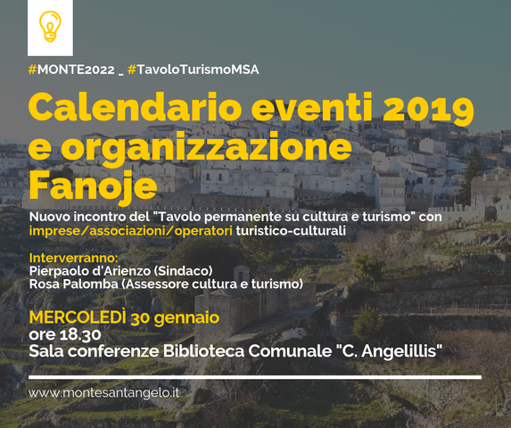 “Calendario eventi 2019 e organizzazione Fanoje”: mercoledì 30 gennaio nuovo incontro del Tavolo permanente su cultura e turismo